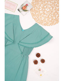 Fine V Neck Lace Trim Butterfly Sleeve Shirred Waist Playsuit (Dark Mint)